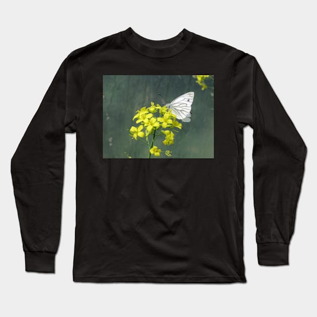 Cabbage White Butterfly on Brassica Flower Long Sleeve T-Shirt by WesternExposure